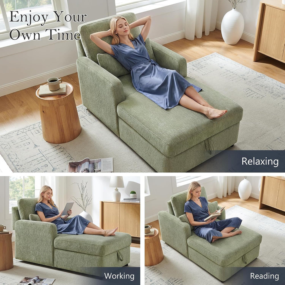63.8" Large Chaise Lounge Chair with Storage, Chenille Sage Green