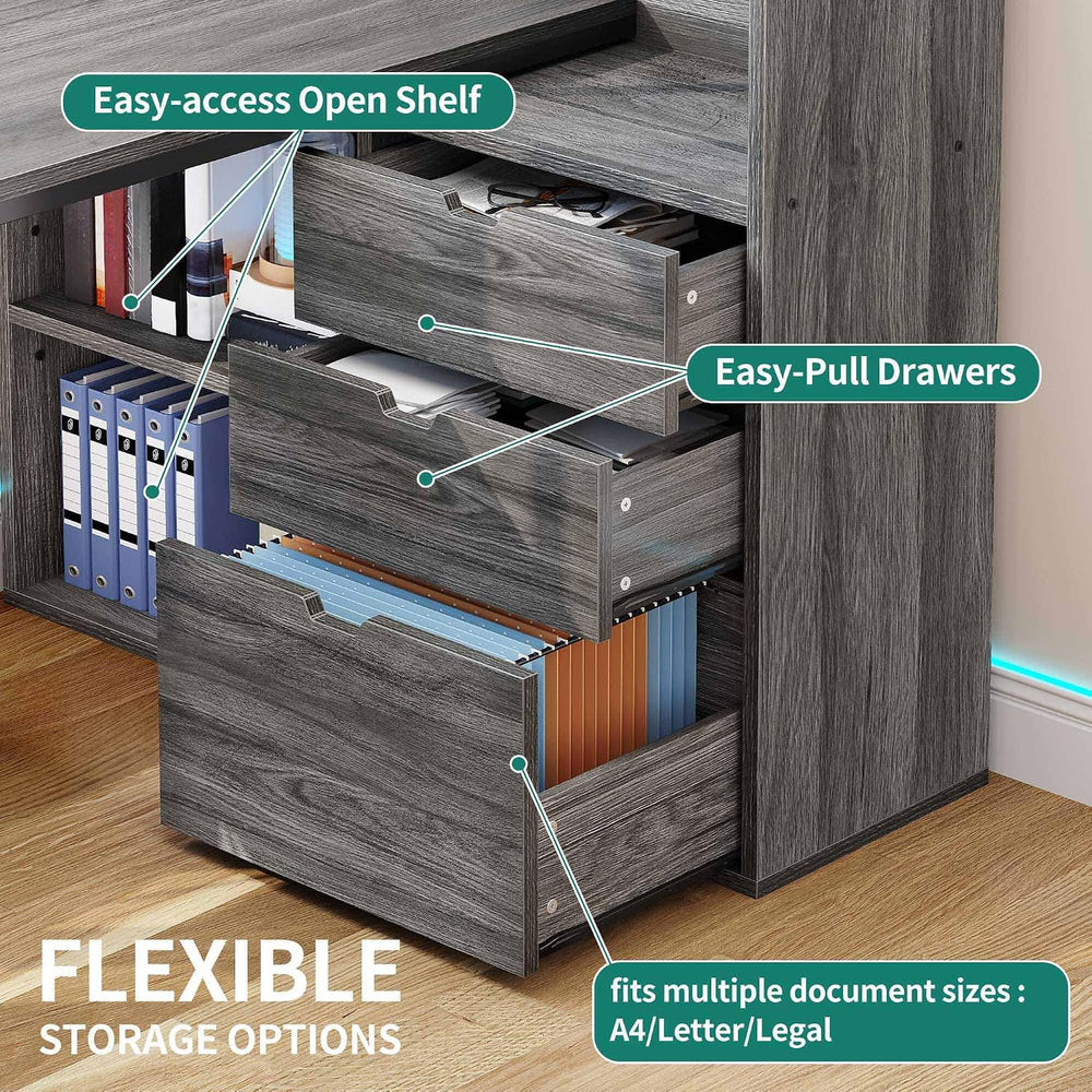 YITAHOME 55" L Shaped Corner Computer Desk with Drawers & Power, Grey