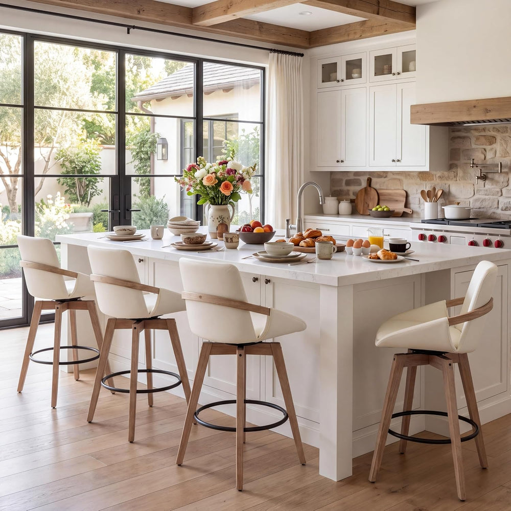 CIMOTA Leather Swivel Bar Stools Set of 4, Mid-Century Modern Counter Height ...