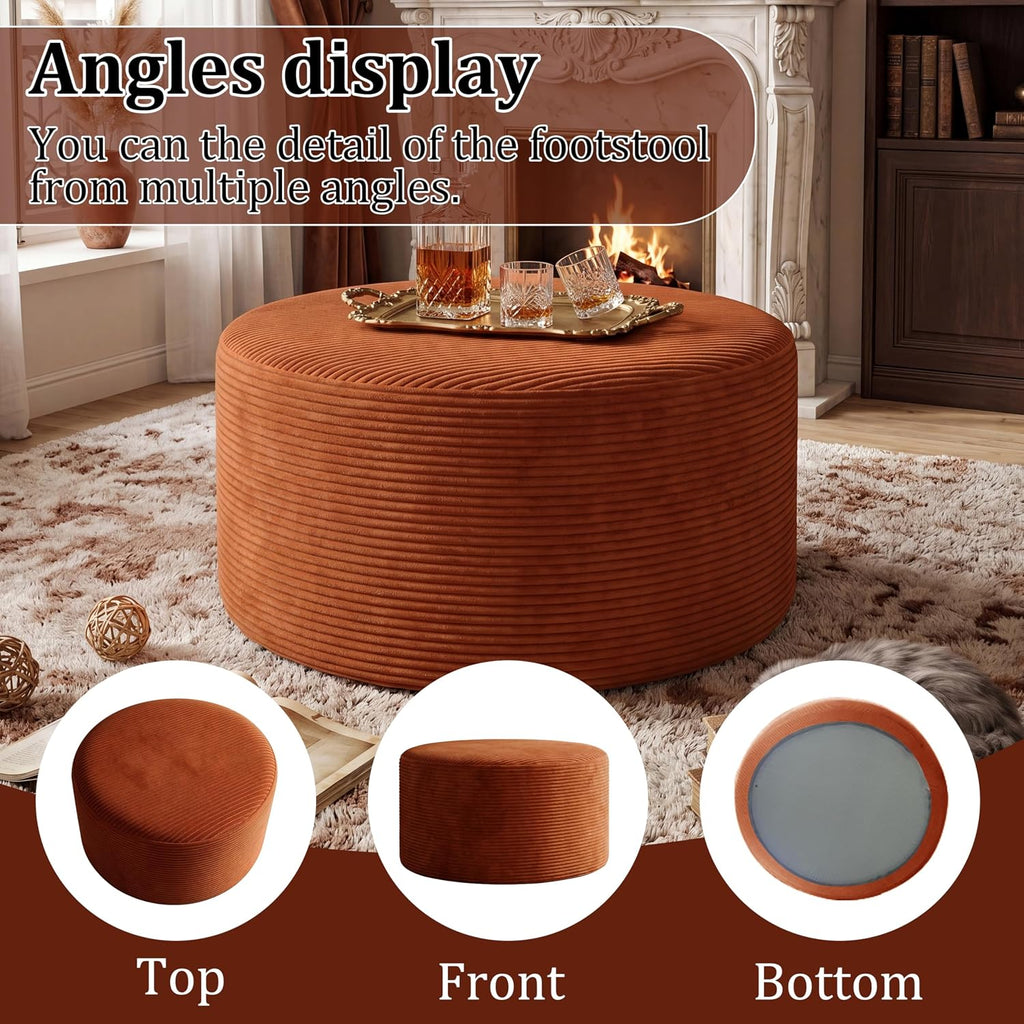 BSHOMGI Round Ottoman,Corduroy Ottomans Foot Stool, 27.5" Pouf Footstool Ottomans Seat, Round Footrest, Modern Side Table for Living Room Bedroom Home Decor No Assembly Require (Orange, 32")