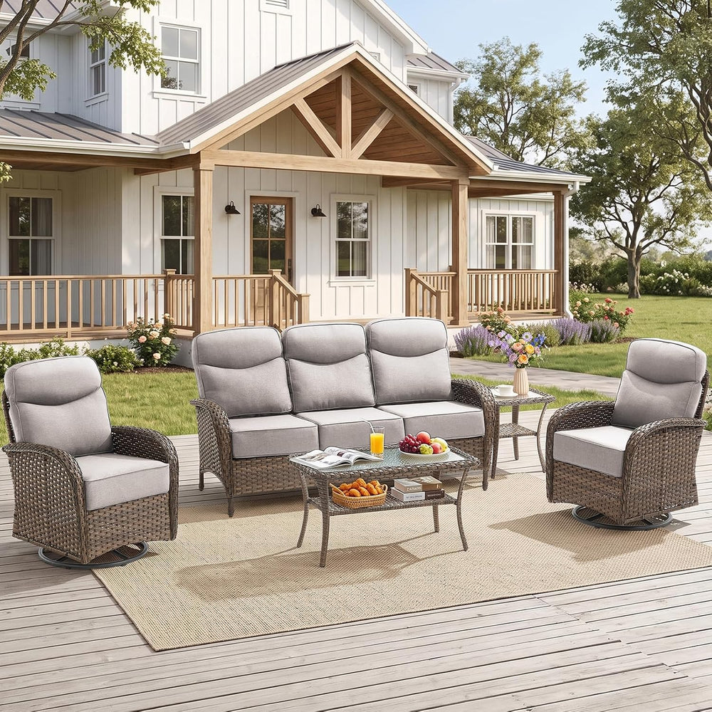 3Pc Patio Furniture Set, Swivel Chairs & Side Table Brown/Gray