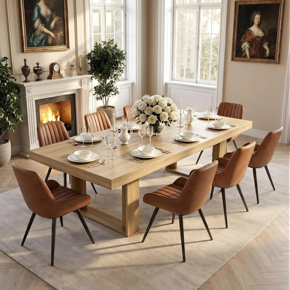 Miereirl 9-Piece Modern Farmhouse Dining Table Set, 86.6" x 47.2" Sturdy Stable Dining Table with 8 Chairs, Rectangular Kitchen Table Set for 8,(Natura Table+8 Brown Chairs)
