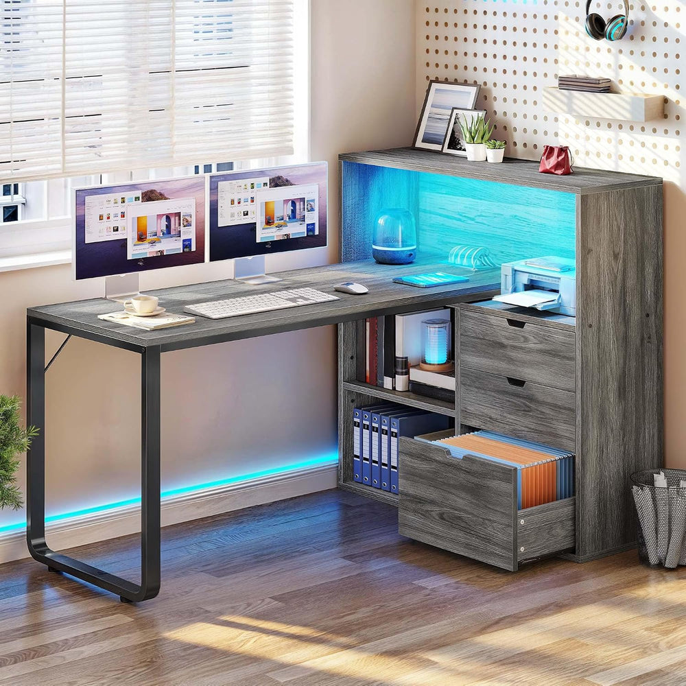YITAHOME 55" L Shaped Corner Computer Desk with Drawers & Power, Grey