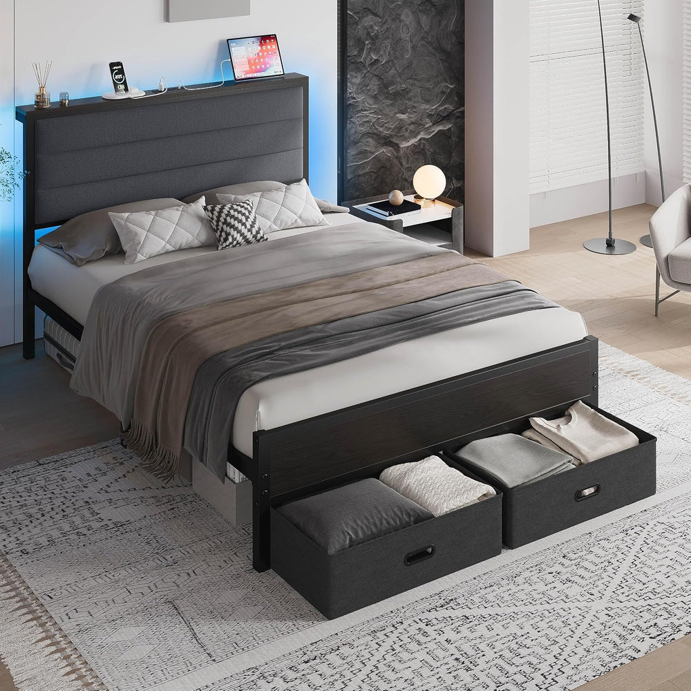 LIKIMIO Full Size Bed Frame with 2 Storage Drawers, Upholstered Headboard