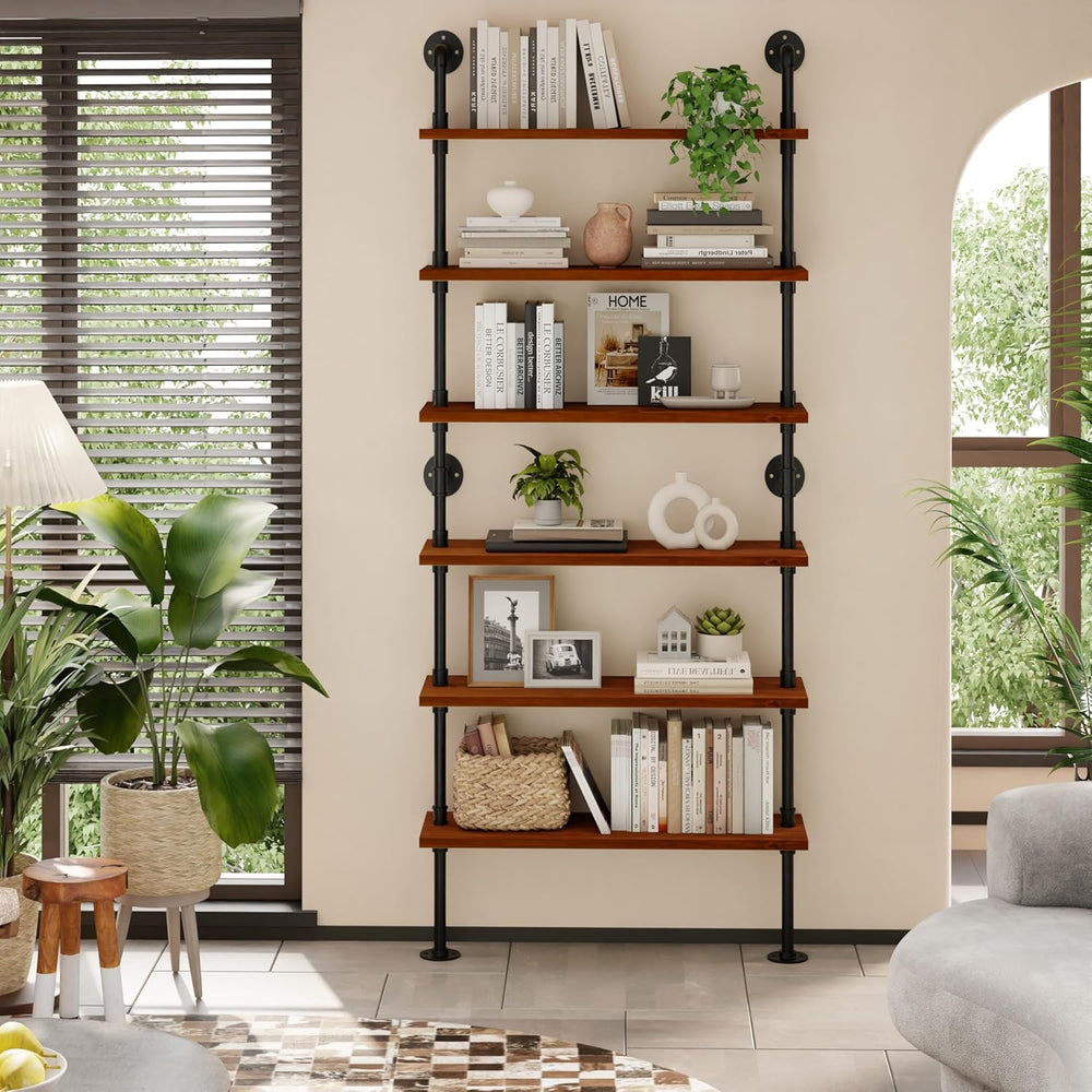 Industrial Pipe Bookshelf, Wall Mounted Shelf, 36 Inch, Walnut Brown
