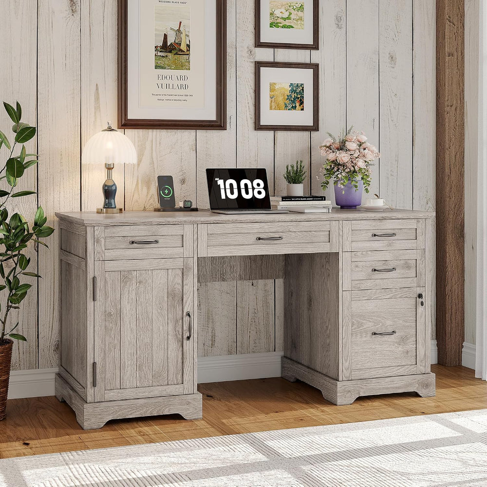 Whalefall 55'' Farmhouse Desk Home Office with Drawers, Light Gray