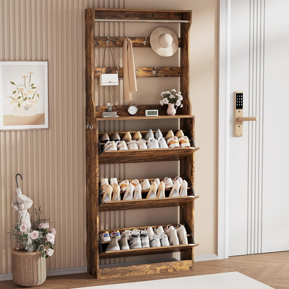 Brown Hidden Shoe Cabinet with 3 Flip Drawers & Coat Rack, Entryway