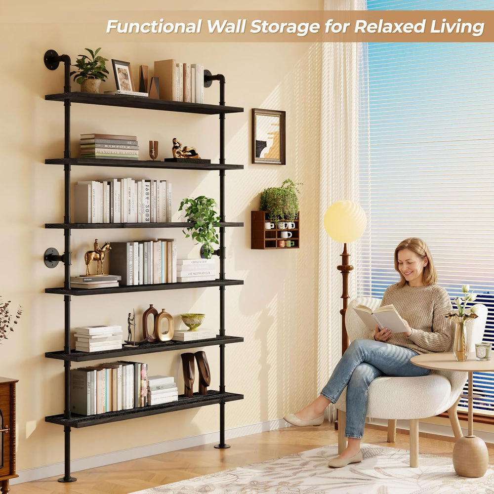 Industrial Pipe Bookshelf, Wall Mounted Shelf, 48 Inch, Black