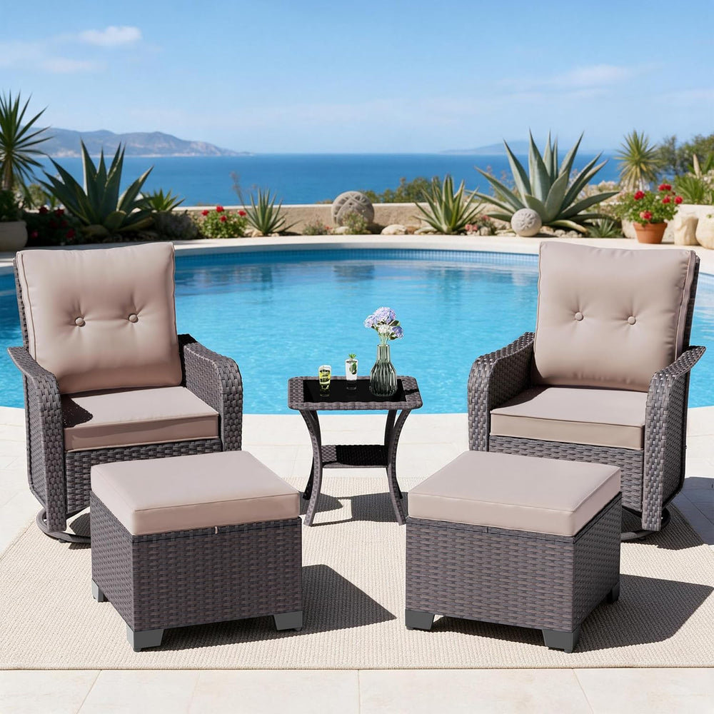 ALAULM 5-Piece Outdoor Swivel Rocking Chair Set with 4” Thick Cushions and Hi...