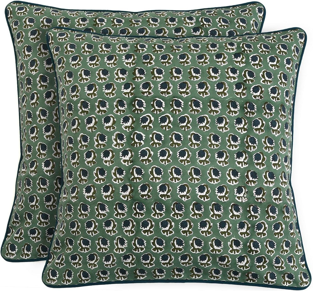 Ridhi Basil Green Hand Block Print Cotton Pillow Cover 18x18 Inch Set of 2