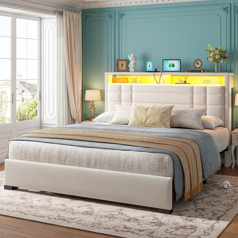 EnHomee Queen Upholstered Bed Frame with LED Lights & Charge Station, Beige