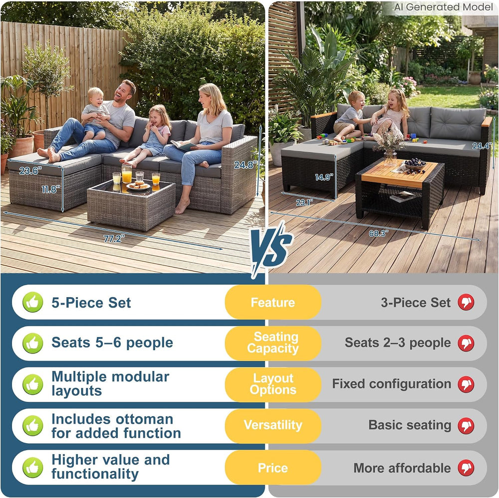 5 Pieces Wicker Patio Furniture Set - Patio Sofa and Chair for All Weather