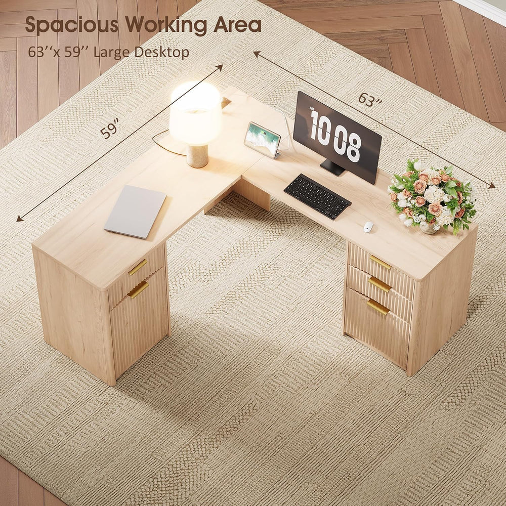 Whalefall 63'' Fluted L Shaped Desk with Drawers, Natural Oak