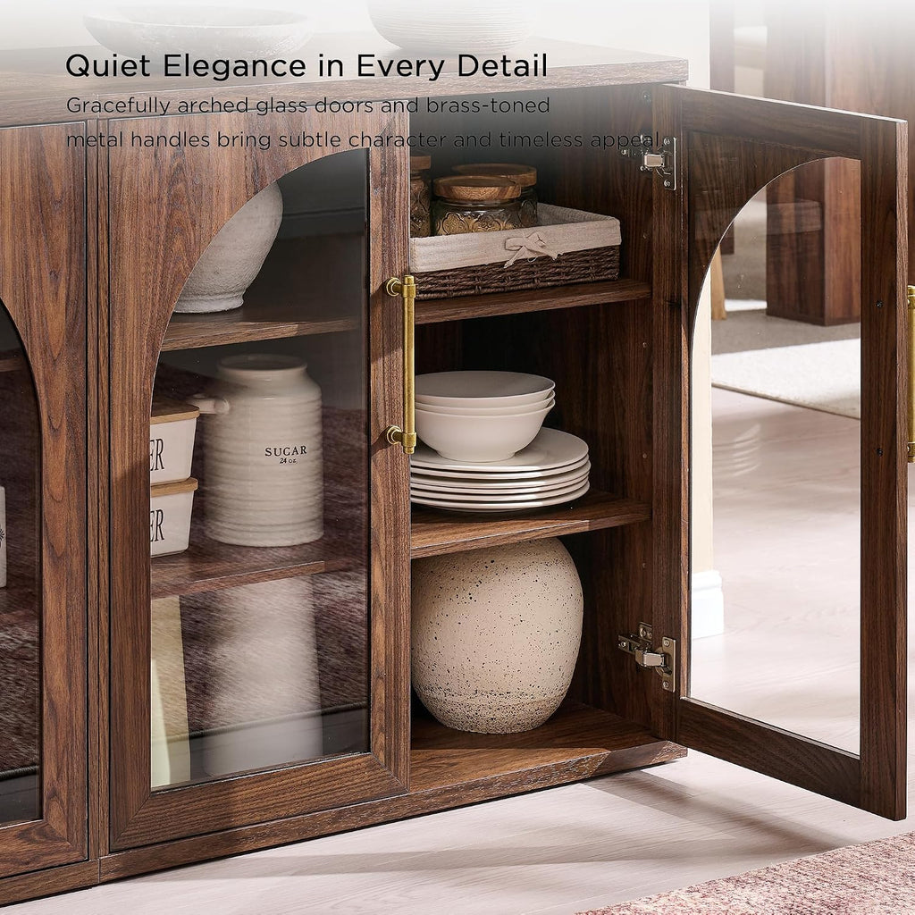 ACCOHOHO Glass Arched Door Sideboard Buffet Cabinet, Brown