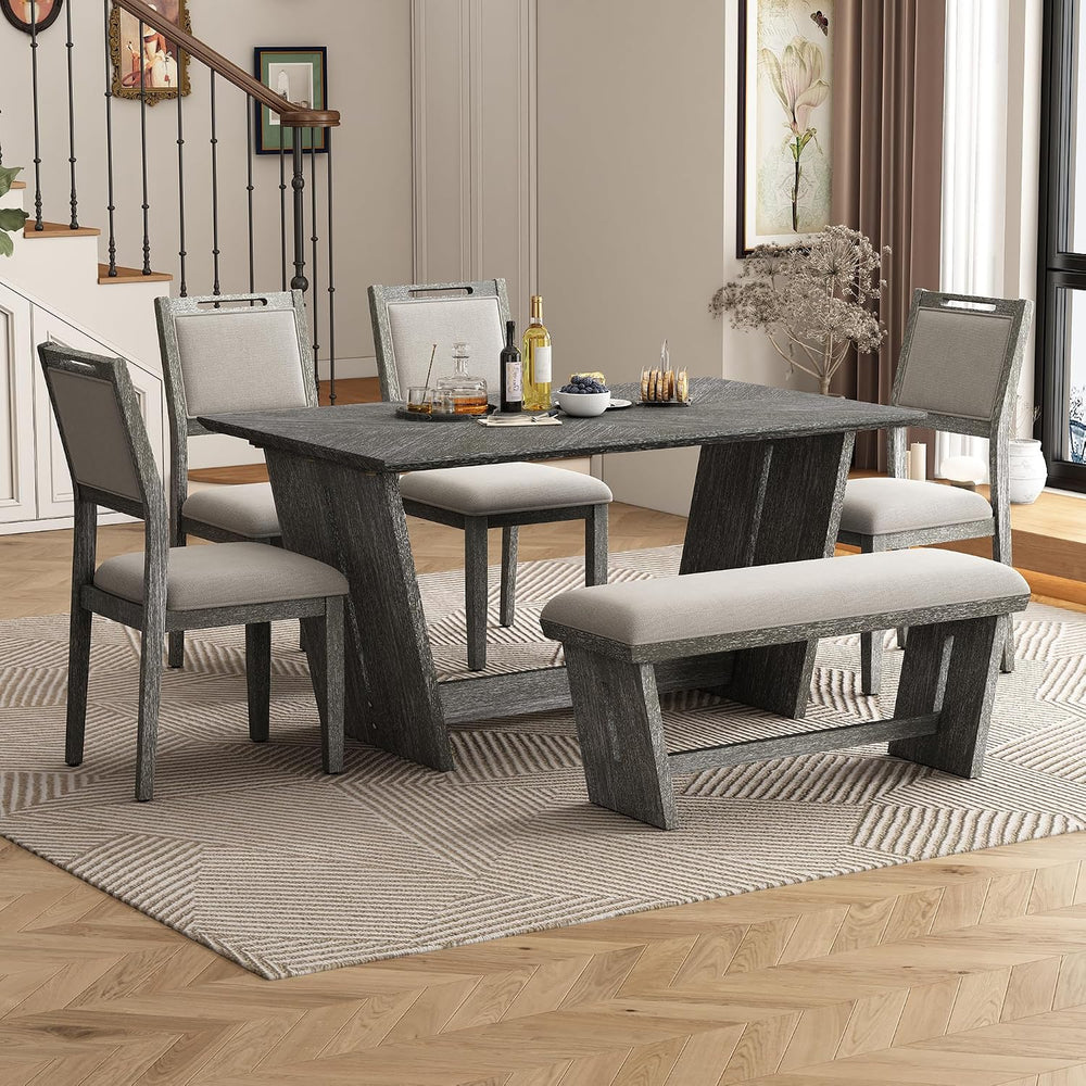 Merax 6-Piece Retro Dining Set with Table, 4 Chairs, Bench, Antique Gray