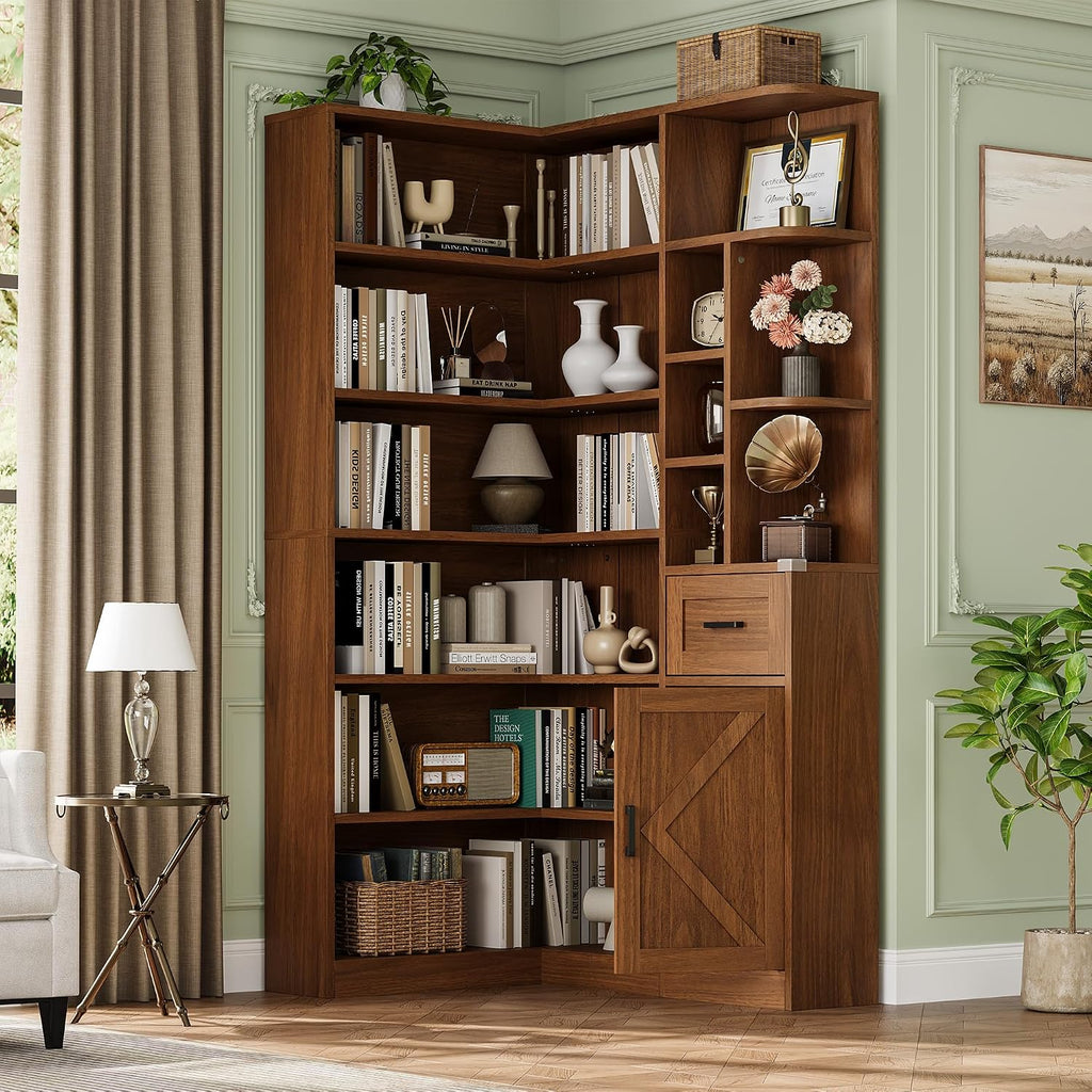 Garvee 74'' Tall Corner Bookshelf- 6-Tier Book Shelf with Drawer & Cabinet