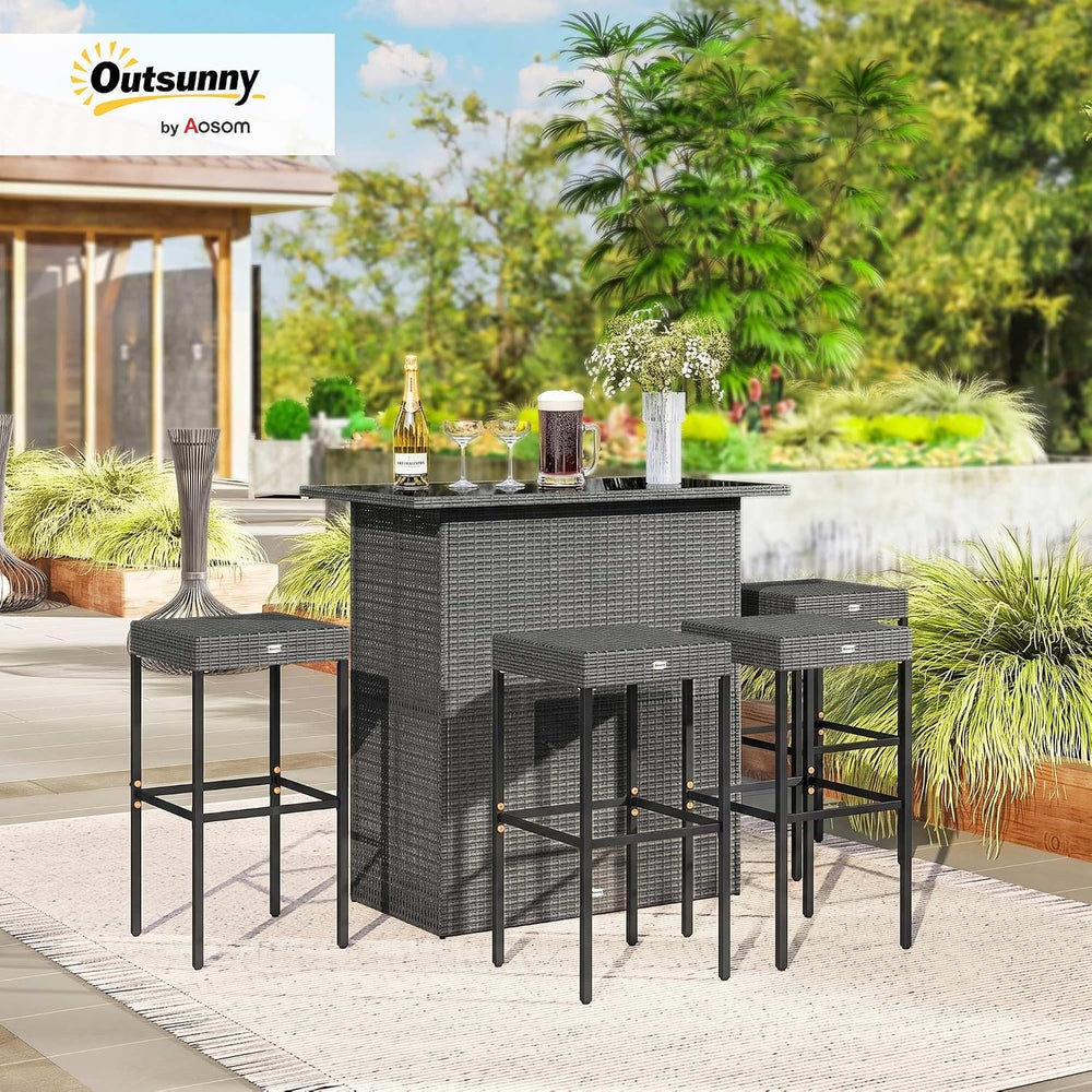 Outsunny 5 Piece Wicker Outdoor Bar Set with Glass Table Top Dark Gray