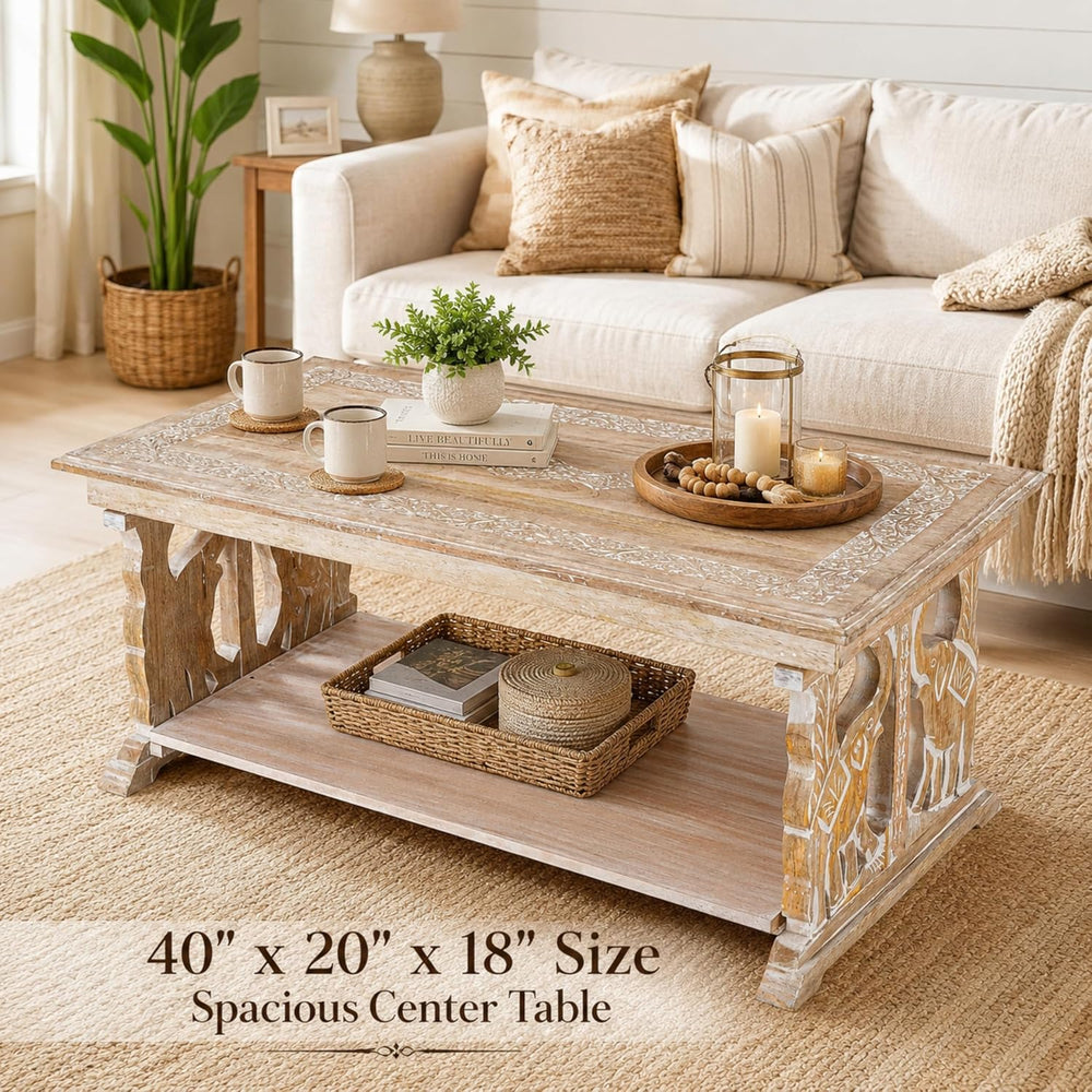 Coffee Table in Solid Wood With Hand Carving40x20x18"White Wash Rectangular