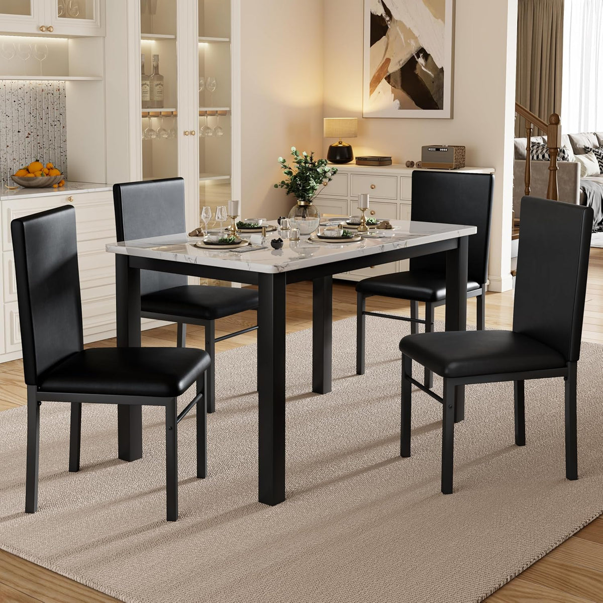 5 Piece Dining Table Set for 4, Compact Kitchen Table and Chairs Set of 4 with Faux Marble Top & Sturdy Metal Frame, Modern Dinner Table Set for Small Spaces, Apartment, White & Black