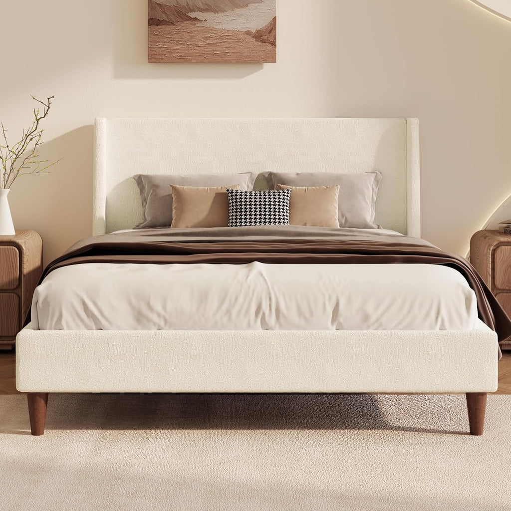 Modern Boucle Upholstered Platform Bed, with Wingback Headboard and Walnut Wooden Legs, No Box Spring Needed, Queen Size, White