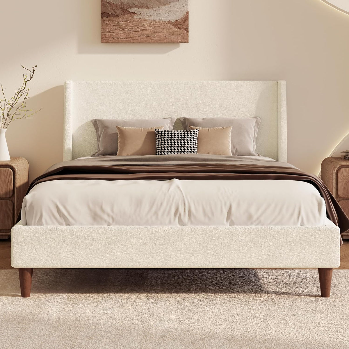 Modern Boucle Upholstered Platform Bed, with Wingback Headboard and Walnut Wooden Legs, No Box Spring Needed, Queen Size, White
