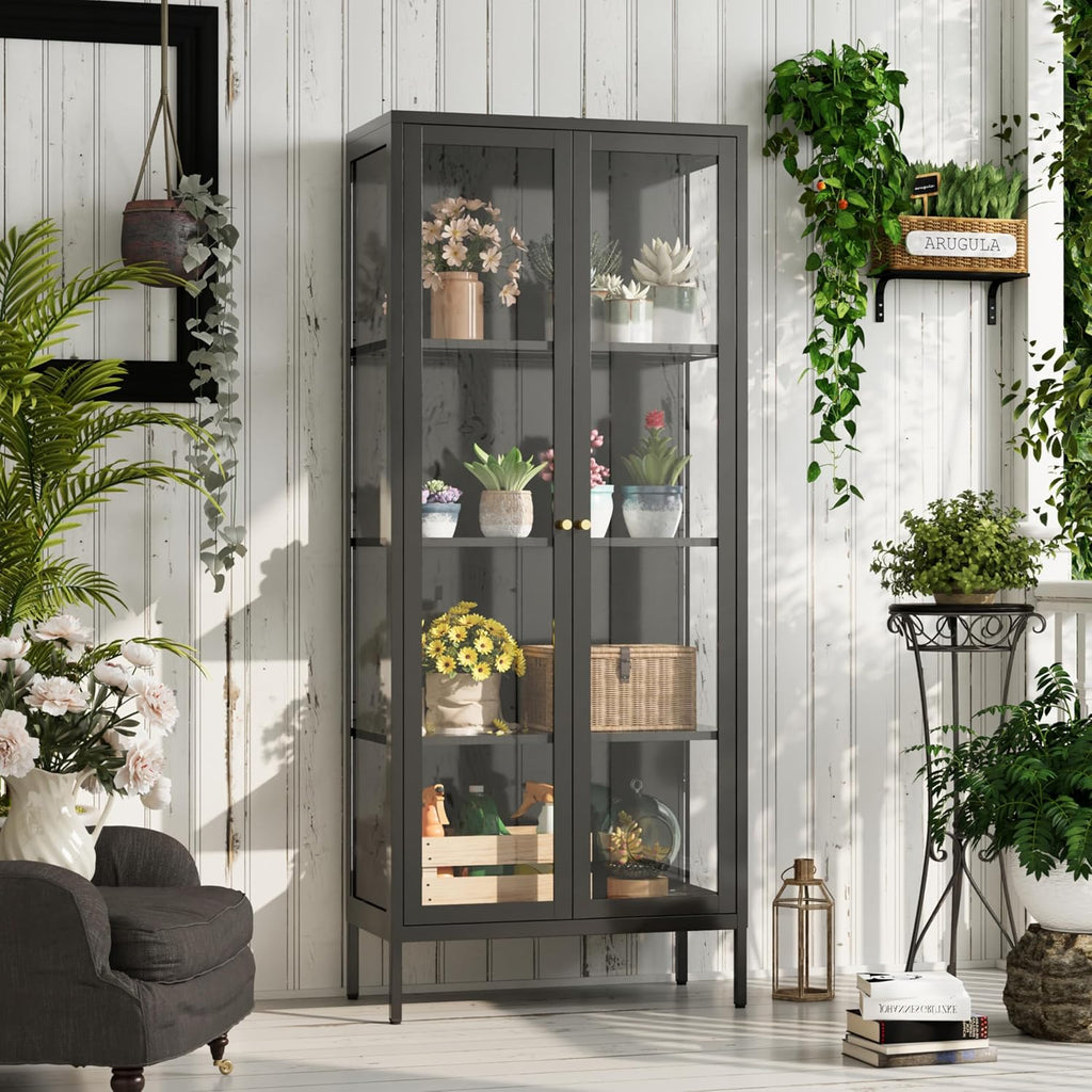 UNICOLY Glass Display Cabinet 4-Tier, Display Cabinet with Glass Doors