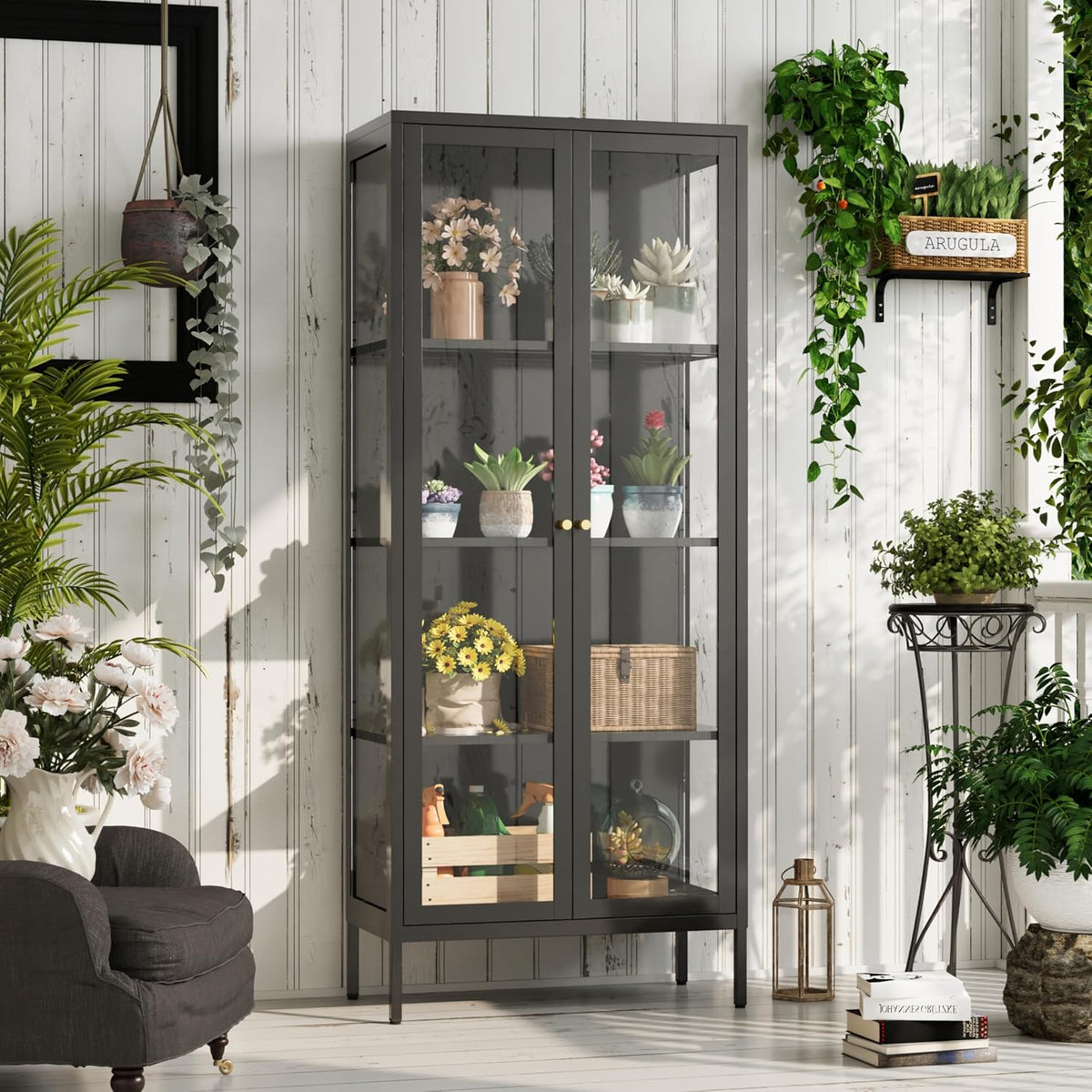 UNICOLY Glass Display Cabinet 4-Tier, Display Cabinet with Glass Doors