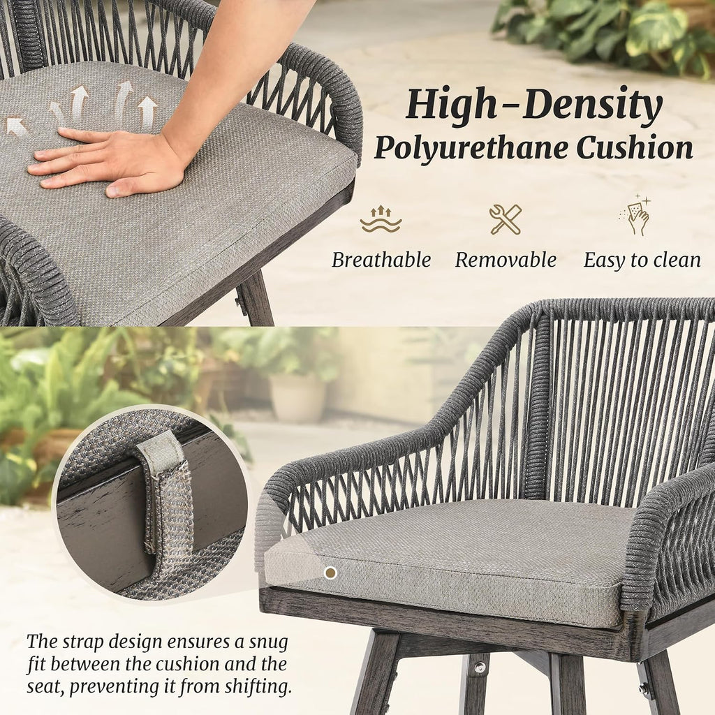 Cozyman Outdoor Bar Stools Set of 6, 360° Swivel Aluminum Rattan Bar Stool with Olefin Rope Curved Backrest and Armrest, Modern BarStools with Removable Cushion for Patio, Garden, Kitchen, Grey