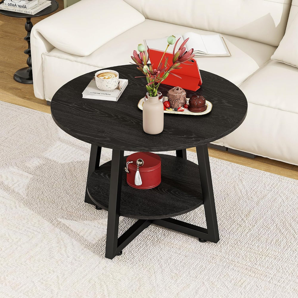 Round Coffee Table with Storage,Metal Small Coffee Table,Black