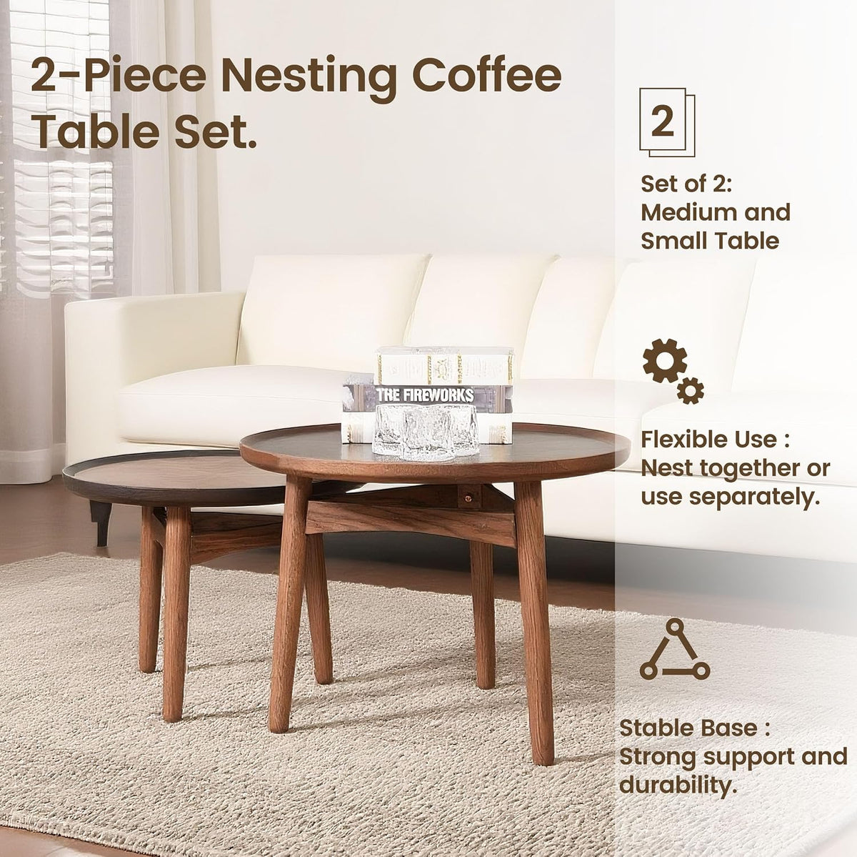 CONSDAN 24 Round Coffee Table, Solid Oak Frame & Veneer Top, USA Grown Hardwood, Modern Living Room, Lounge Side Table (Single Large Piece)