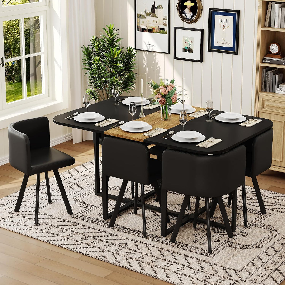7-Piece Dining Table Set for 6,Modern Dining Table Set for 6 with Cushioned Chairs,59" Black Kitchen Table Set for Home, Apartment,Office,Conference Room,Small Spaces, Space-Saving
