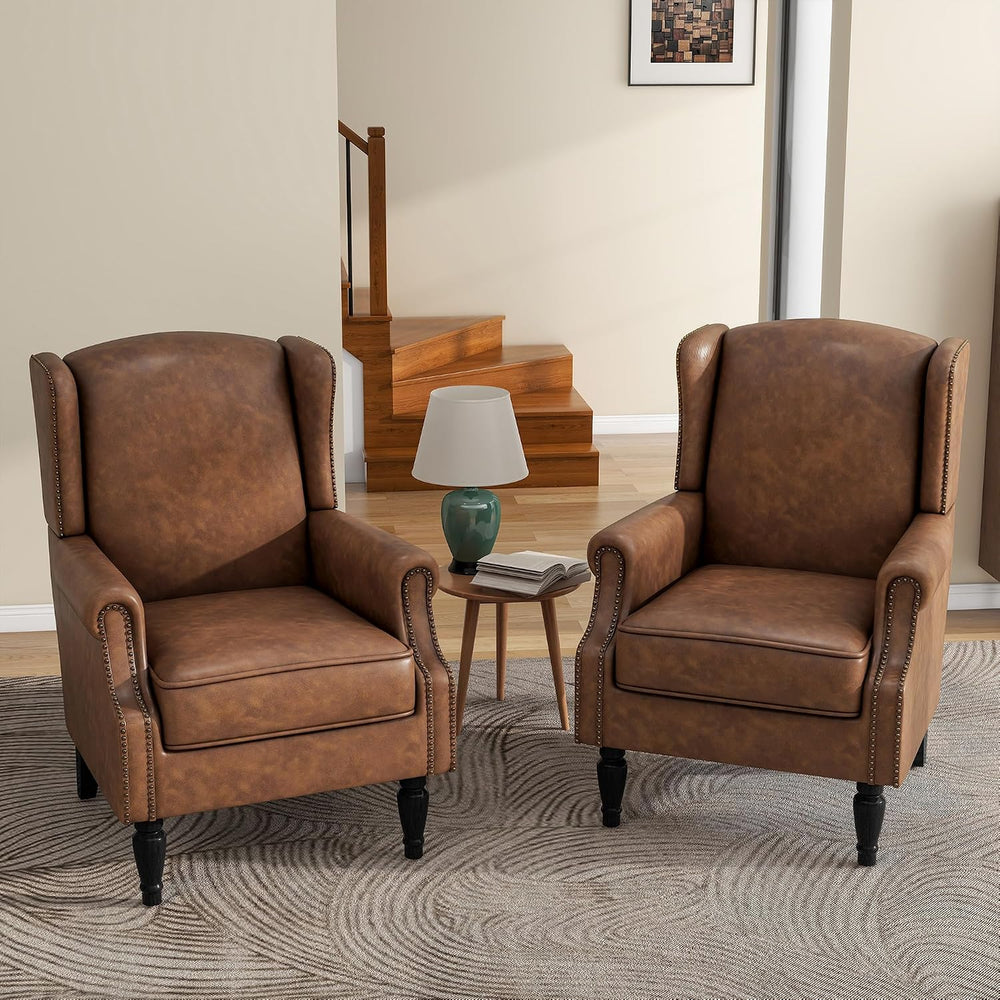 High Back Accent Chairs Set of 2, PU Leather Wingback Armchair, Brown