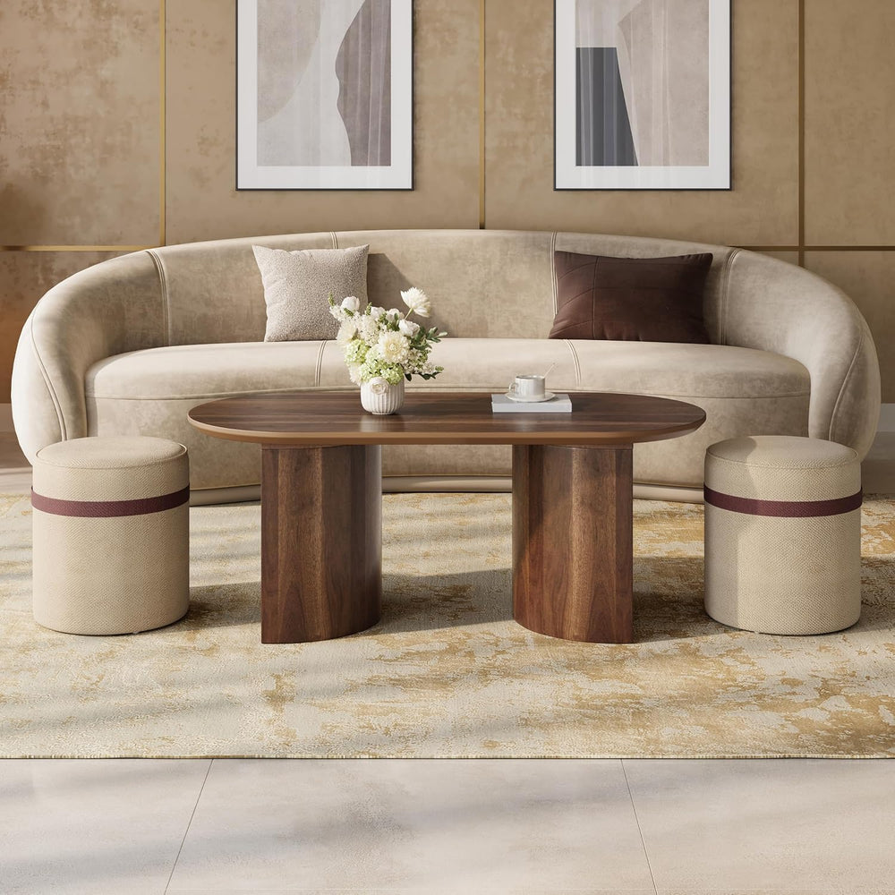 Merax 3-Piece Oval Coffee Table Set with 2 Nesting Ottoman Stools, Brown