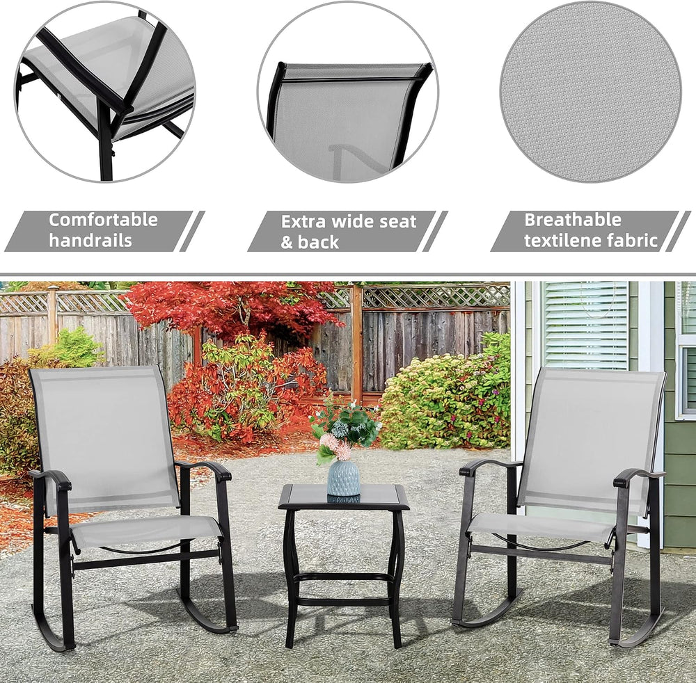 Vongrasig 3 Piece Outdoor Rocking Bistro Set, Textilene Fabric Small Patio Fu...