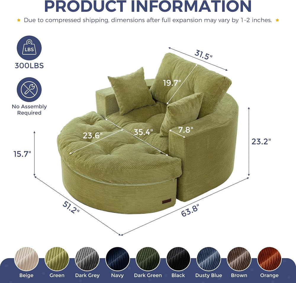 MAXYOYO Oversized Round Chaise Lounge Sofa, Boneless Chair with Ottoman