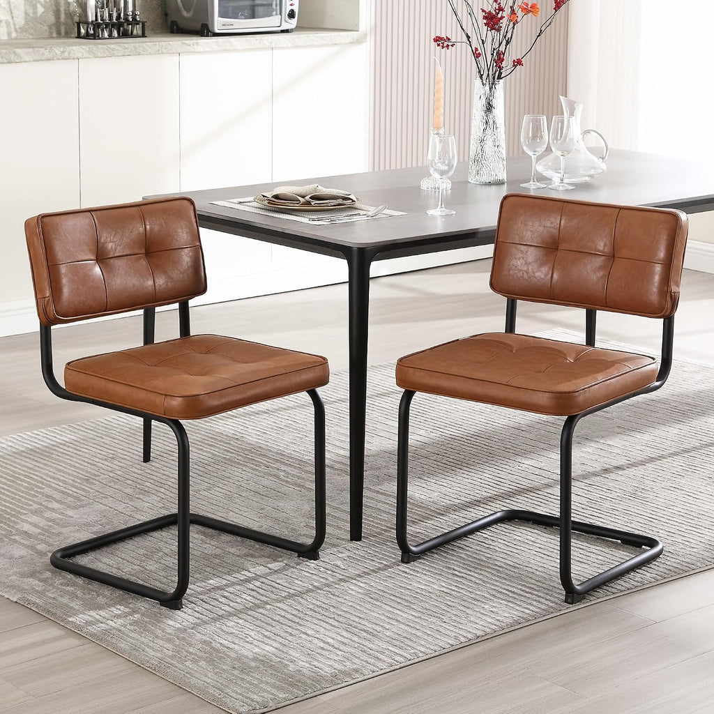 Zesthouse Industrial Metal Dining Chairs Set of 2, Upholstered Leather Kitchen Chairs with Black Metal Base, for Kitchen & Dining Room Living Room, Mid Century Breuer Design Inspired, Armless, Brown