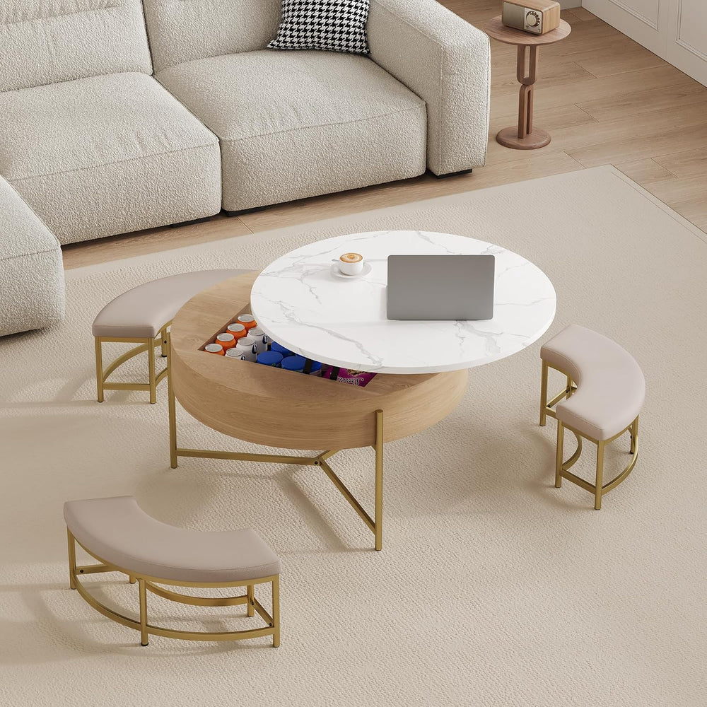 31.5" Modern Round Lift-Top Coffee Table with Storage & 3 Ottoman,Wh...