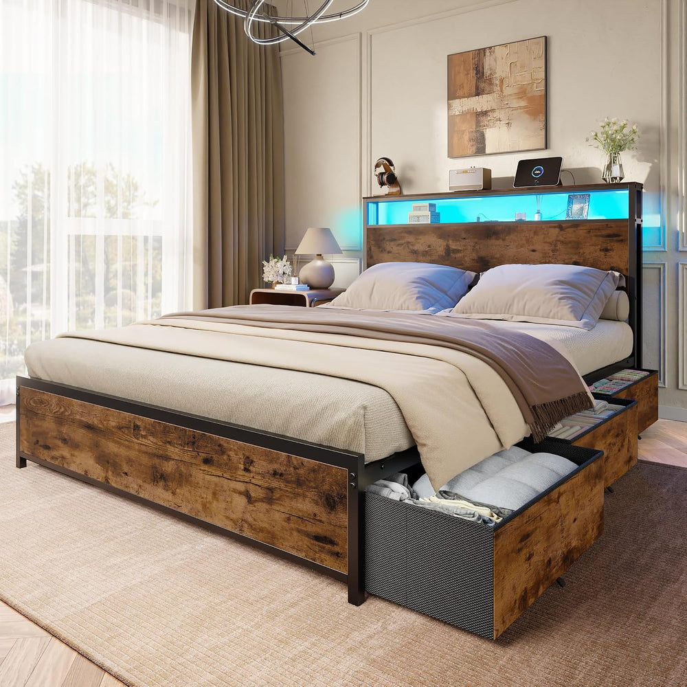 Forestell Full Size Bed Frame with 2-Tier Storage Headboard & 6 Drawers