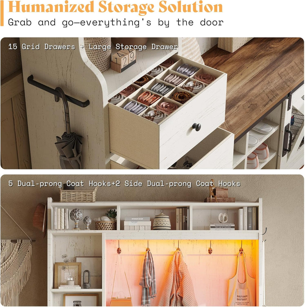 AMERLIFE 75" 7-in-1 Farmhouse Hall Tree with Shoe Bench & LED, Rusti...