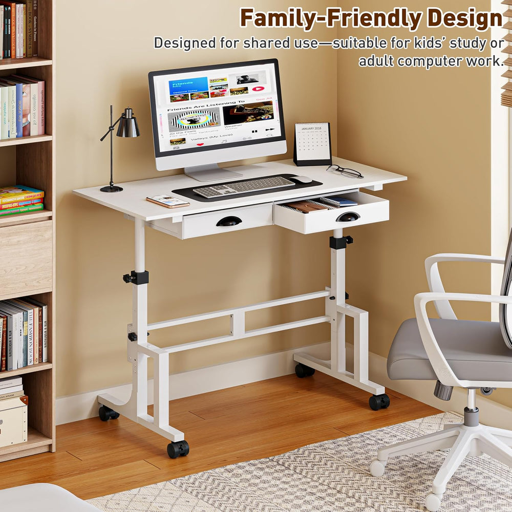 Height Adjustable Standing Desk with 2 Drawers, Small Sit Stand Up Desk with ...