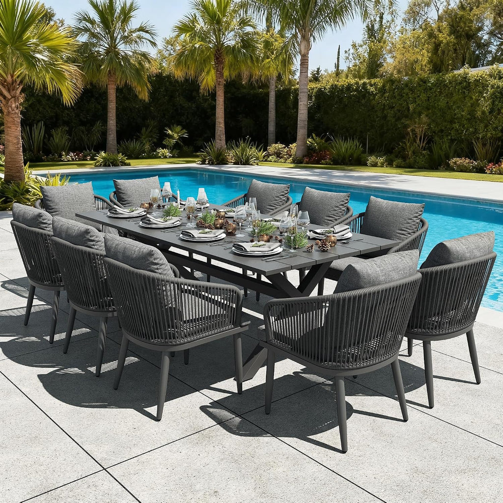 LayinSun 11 Pieces Outdoor Patio Dining Set, Aluminium Rectangular Dining Table and Wicker Rattan Chairs Set for Outside Backyard, Poolside