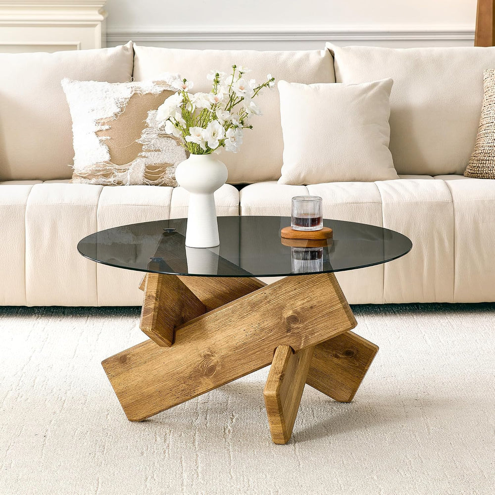 Round Gray Glass Coffee Table, 33.4-Inch Tempered Glass Top