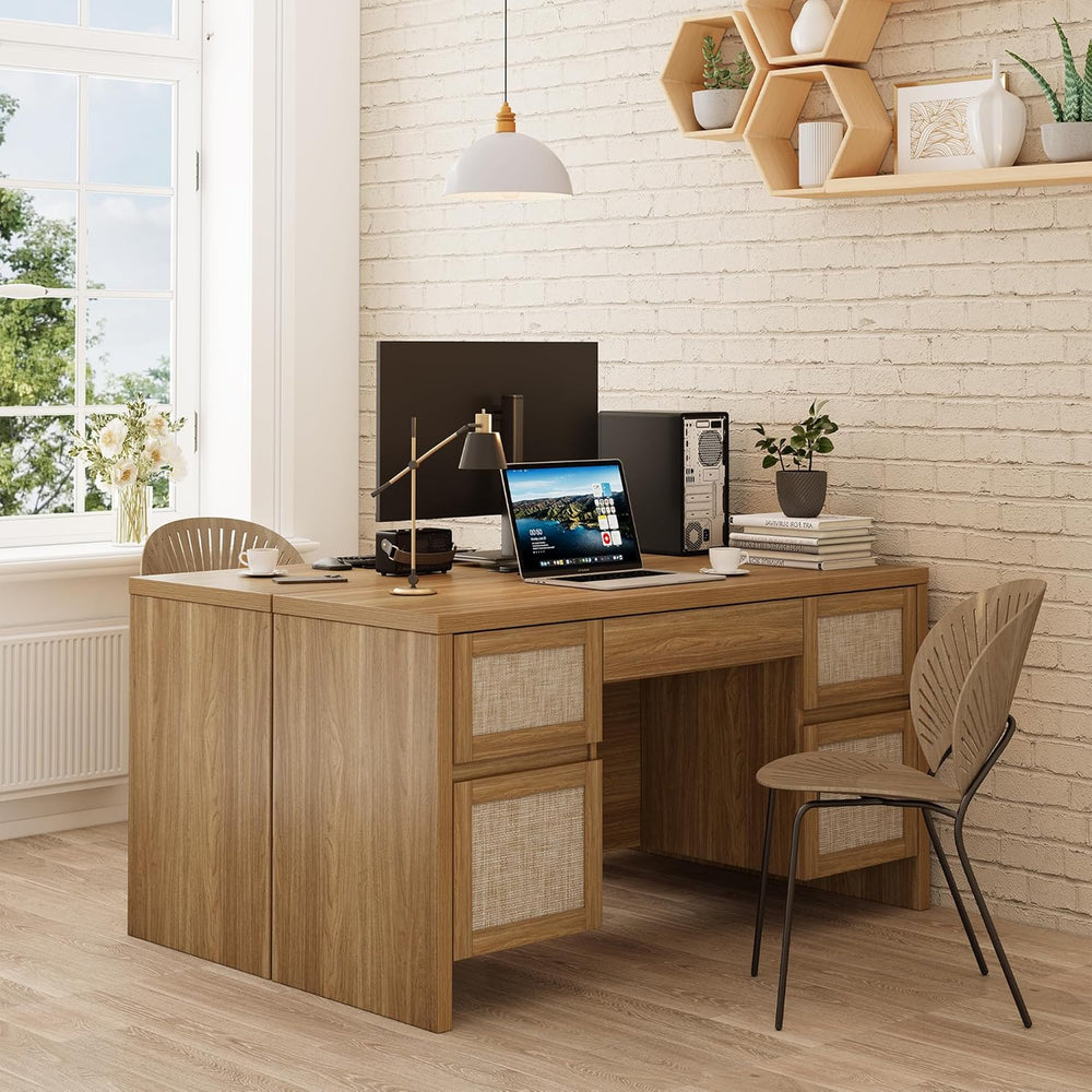 Yechen Executive Desk with 5 Drawers, 57" Modern Rattan Home Office Desk...