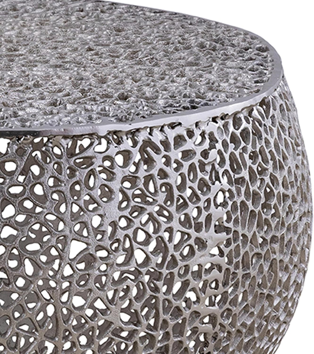 32" Silver Aluminum Drum Coffee Table with Open Mesh Design
