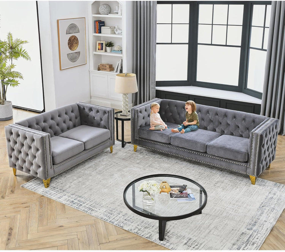 2 Piece Chesterfield Velvet Combination Sofa Set for Living Room,3-Seater and...