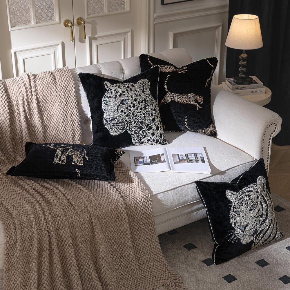 Luxury Embroidered Leopard Throw Pillow Cover 20x20 inch, 1 Piece