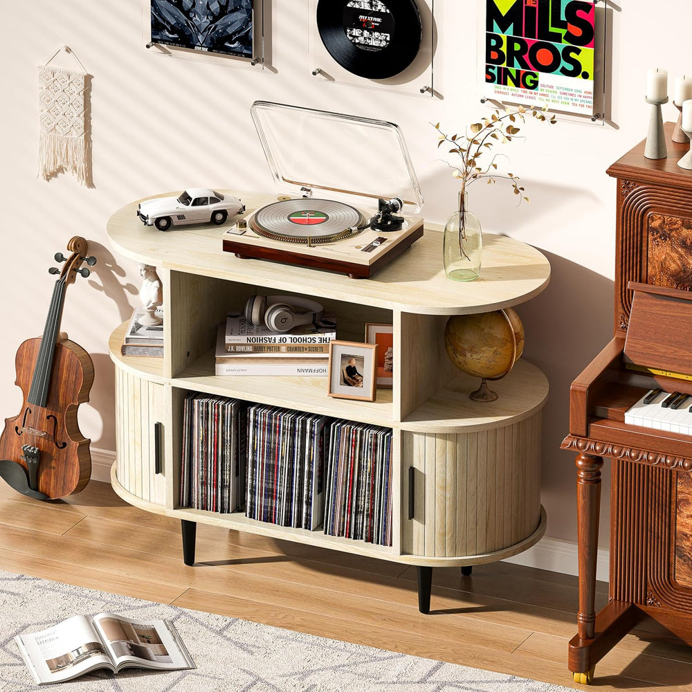 Large Record Player Stand with Storage and Shelves, Natural