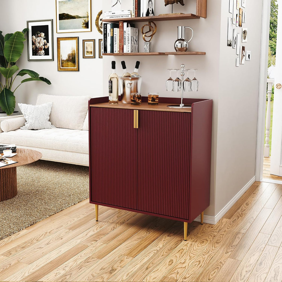 ARTPOWER Coffee Bar Cabinet with Wine Rack&Glass Holder, Red