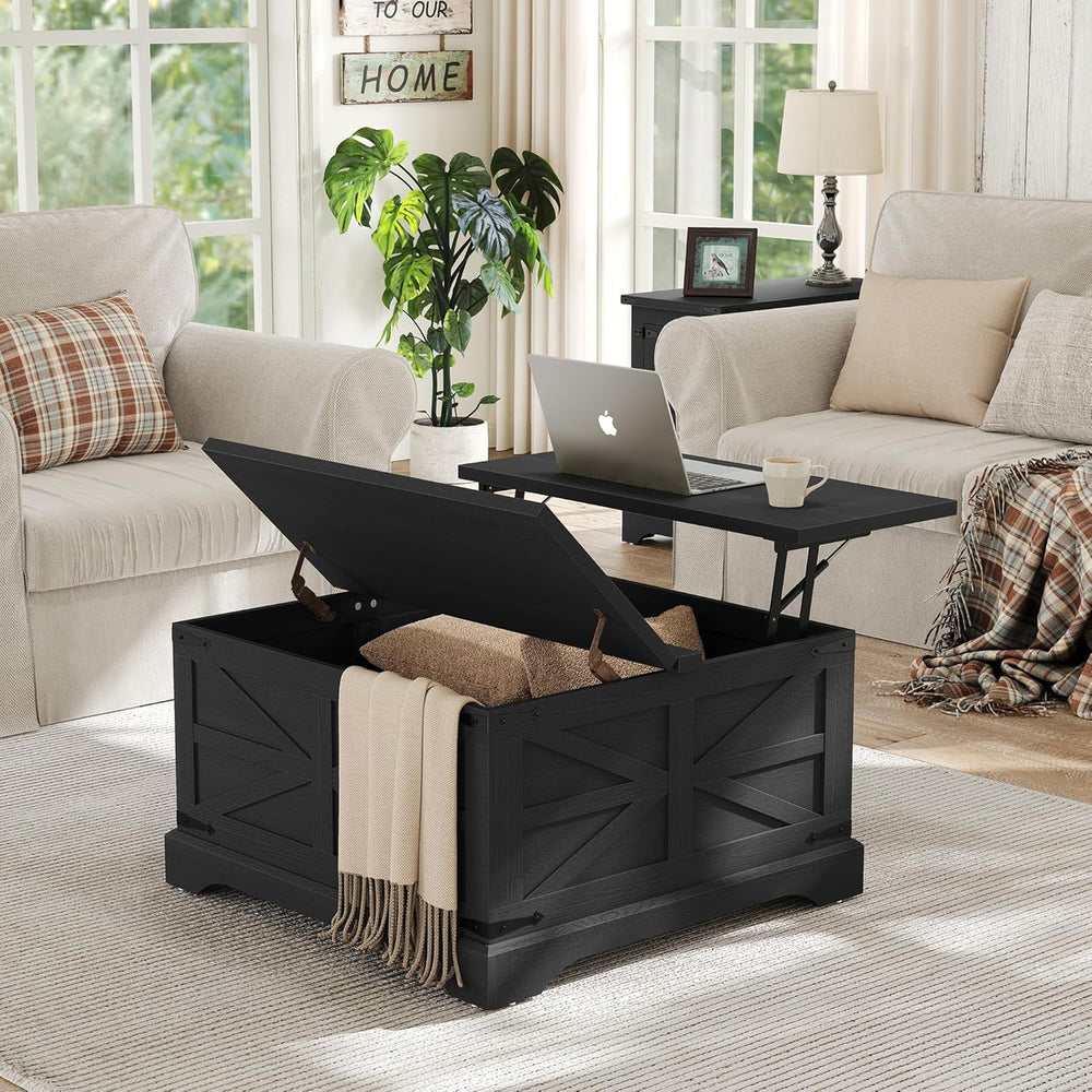 Furnideco Farmhouse Lift Top Coffee Table, Square Wood Center Table with Larg...