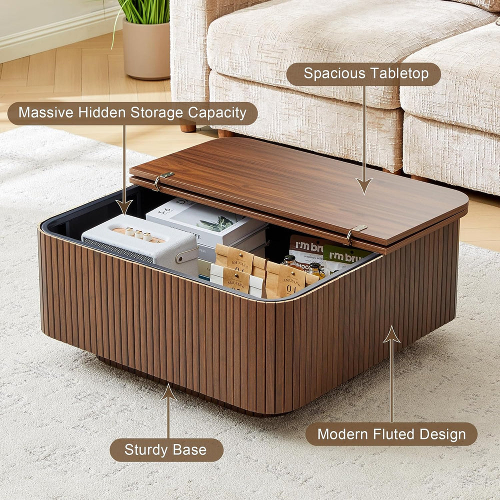 31.5" Square Coffee Table with Storage, Fluted & Floating Base (Walnut)